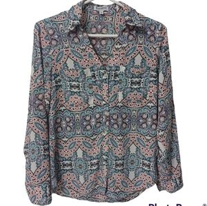 Express The Portofino button down collared shirt blouse - paisley pattern